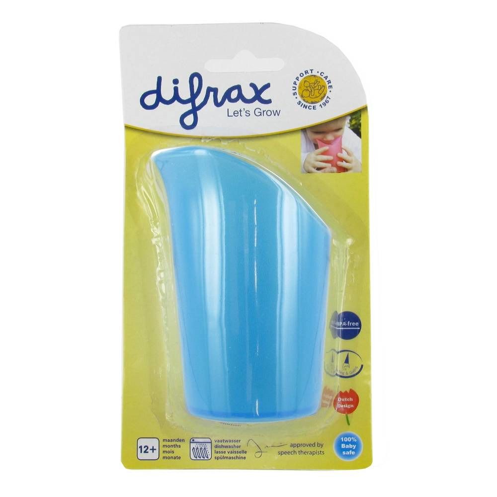 Gobelet d'apprentissage bleu dans son emballage. Marque difrax, inscription "Let's Grow". Convient aux enfants de 12 mois et plus. Sans danger pour bébé.