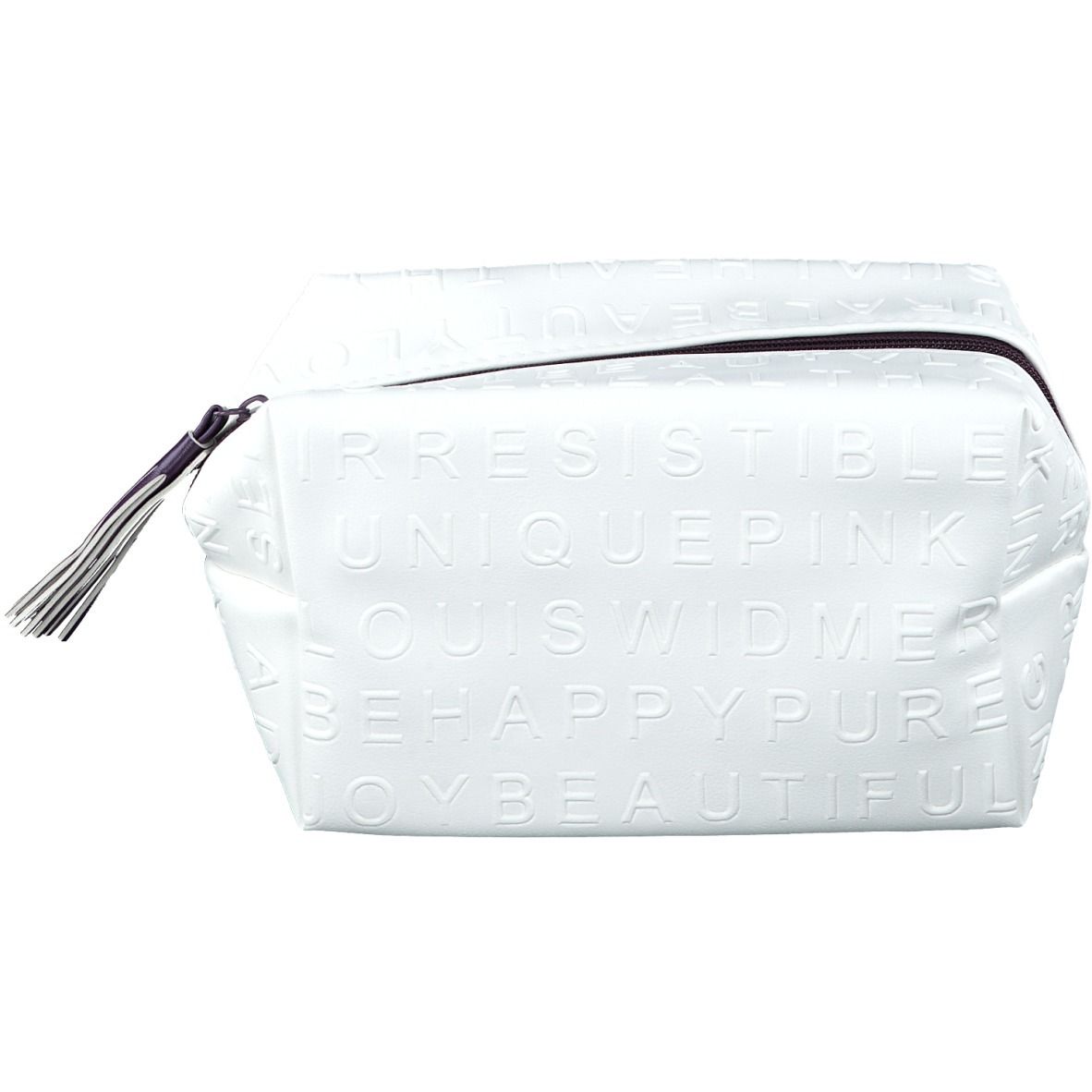 Trousse de toilette blanche avec texte en relief. Inscriptions : LOUIS WIDMER, IRRESISTIBLE, UNIQUEPINK, BEHAPPYPURE, OYBEAUTIFUL. Fermeture éclair et pompon noirs.