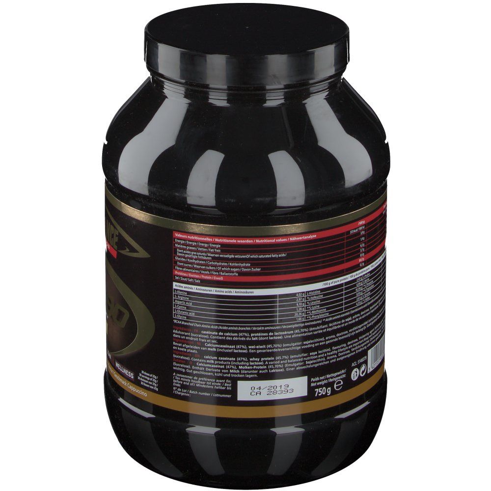 Dos d'un pot noir. Étiquette avec informations nutritionnelles et texte multilingue. Poids : 750g.