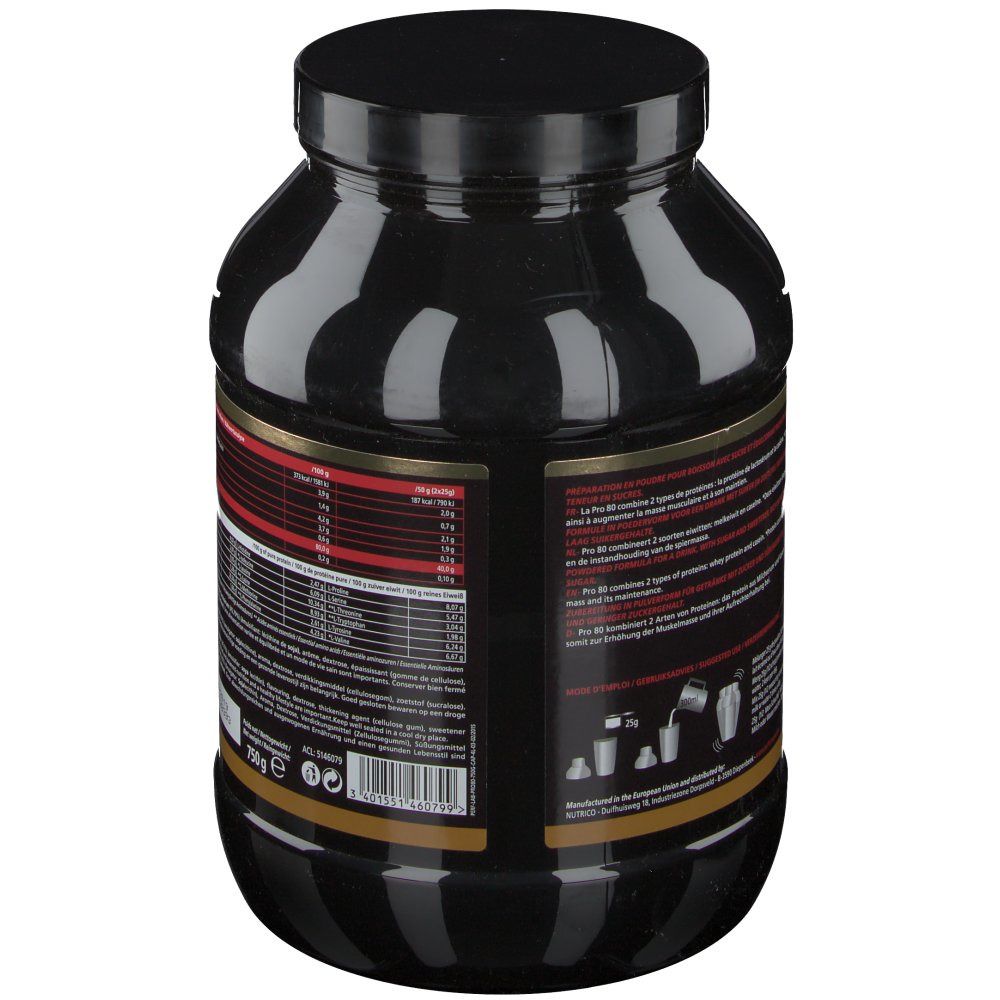 Dos d'un pot noir. Étiquette avec informations nutritionnelles et texte multilingue. Illustrations des étapes de préparation.