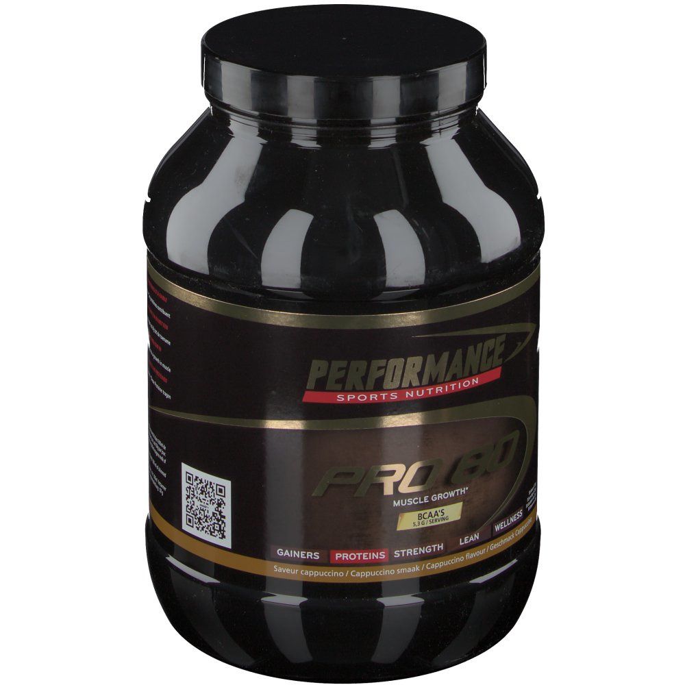 Pot noir avec étiquette "PERFORMANCE SPORTS NUTRITION PRO 80". Texte doré, code QR.