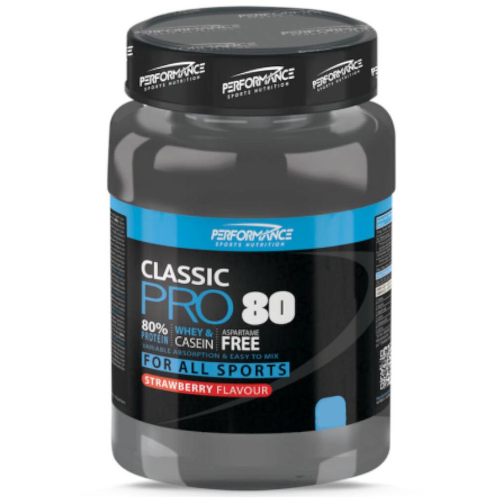 Dunkelgraue Dose mit blauem Etikett. Aufschrift: Classic Pro 80, 80% Whey & Aspartam, Casein Free, Erdbeergeschmack. Marke: Performance Sports Nutrition.