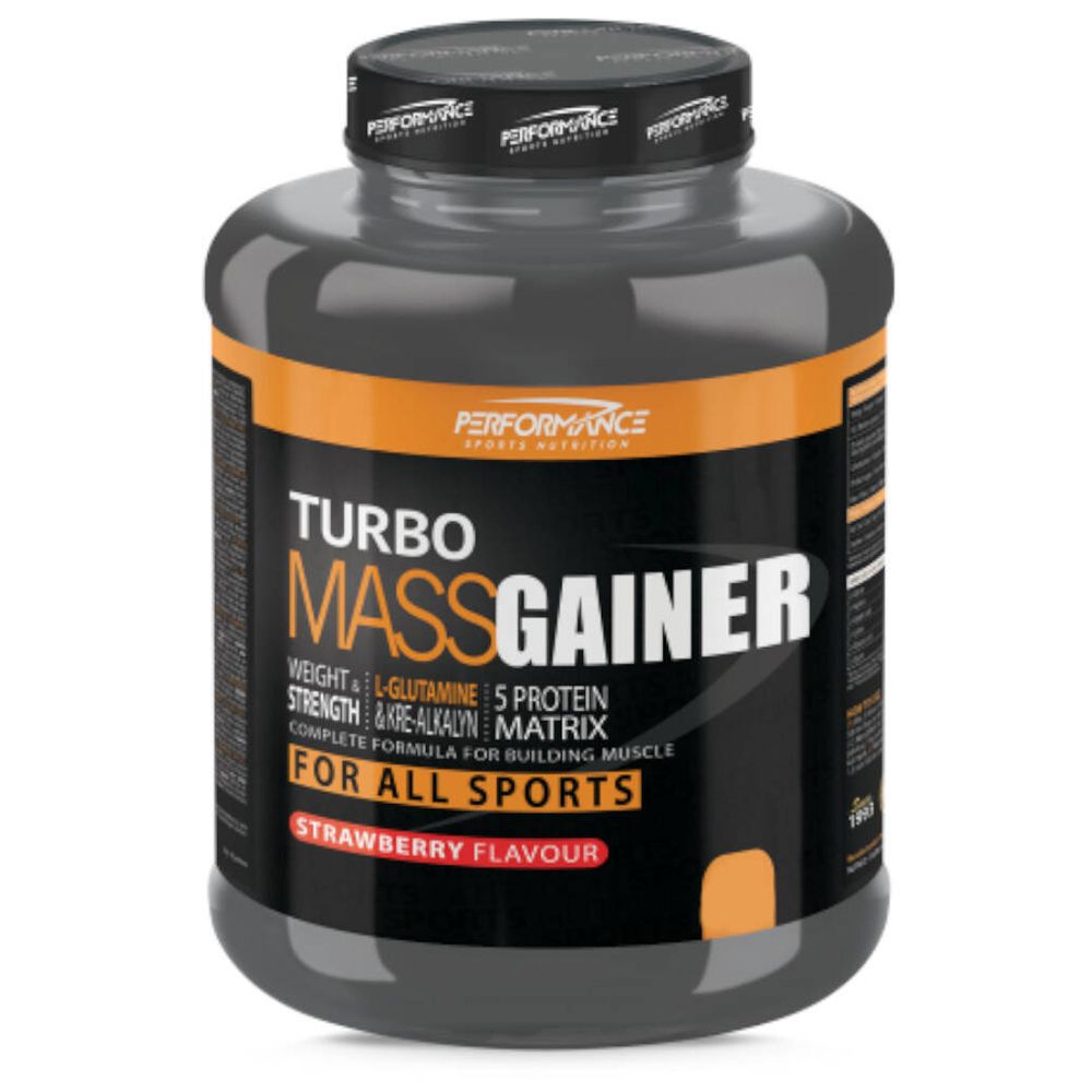 Pot de "Turbo Mass Gainer". Étiquettes orange et noires. Goût fraise. Pour tous les sports.