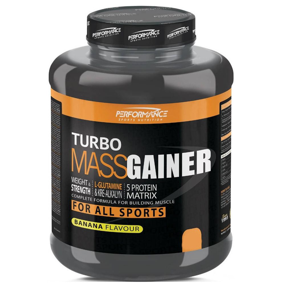 Pot noir avec l'inscription "Turbo Mass Gainer". Texte blanc et orange. Saveur "Banana Flavour" en bas.