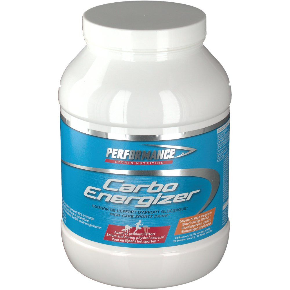 Weiße Dose mit blauem Etikett. Aufschrift: Performance Carbo Energizer. Enthält Kohlenhydrate. Für Sportler.