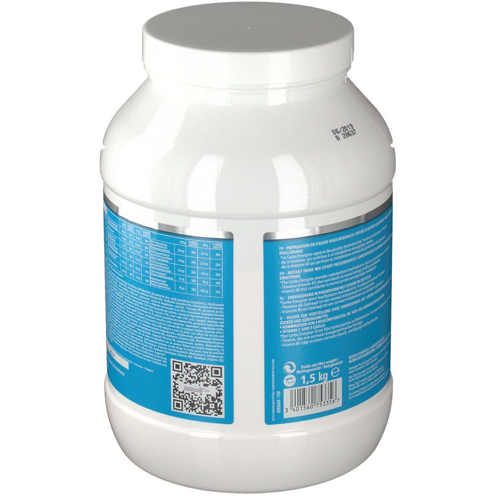 Weiße Dose, Rückseite mit blauem Etikett. Enthält Nährwertangaben und QR-Code. Gewicht: 1,5 kg.