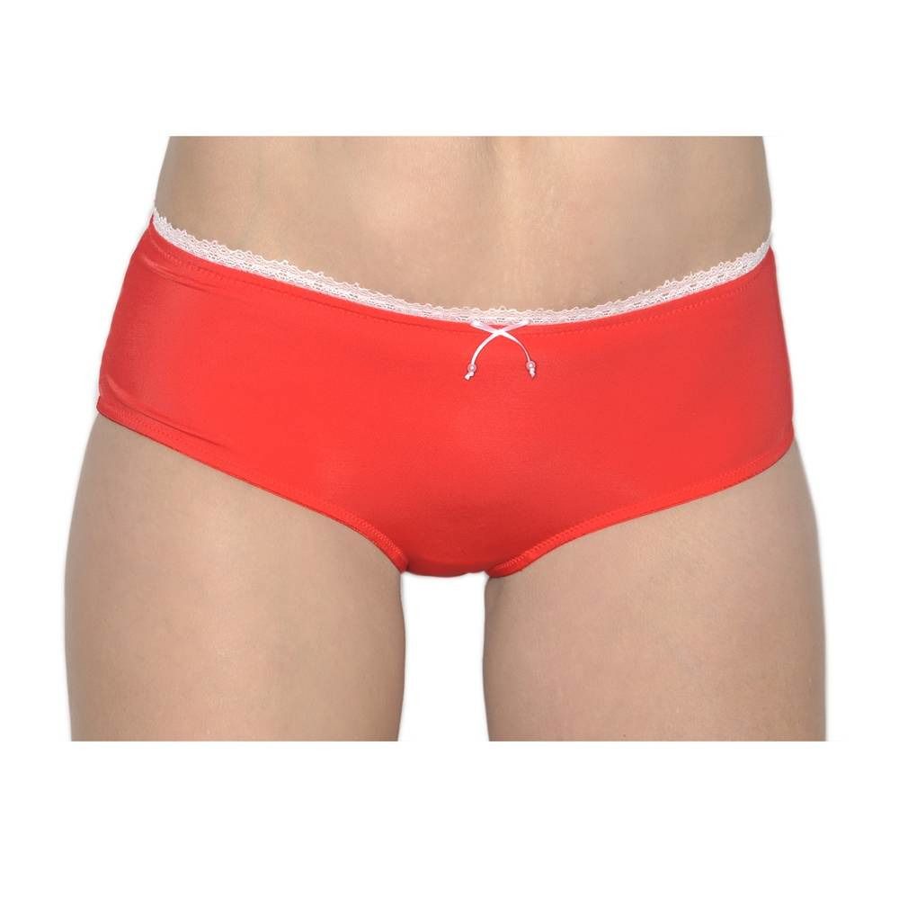 Culotte hipster rouge, dentelle blanche à la taille, petit nœud. Vue de face, portée par une personne.