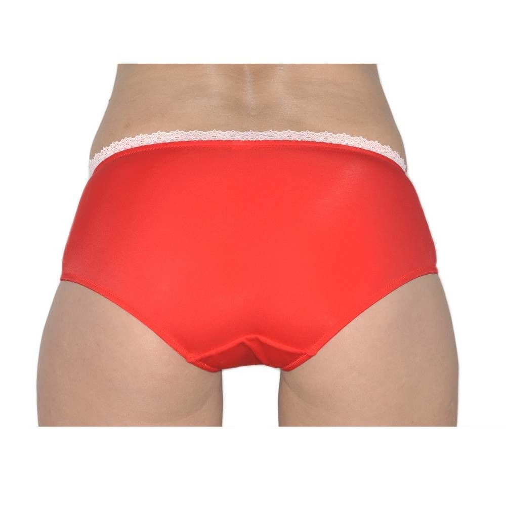 Culotte hipster rouge, dentelle blanche à la taille. Vue arrière, portée par une personne.