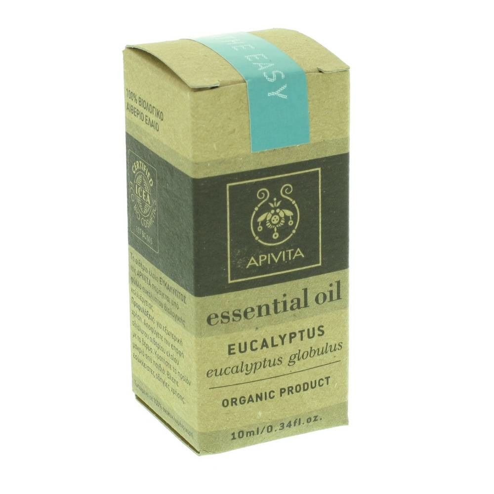 Kartonverpackung mit Produktinformationen. Aufschrift: Apivita, essential oil, Eukalyptus, organic product. Zertifizierungslogo.