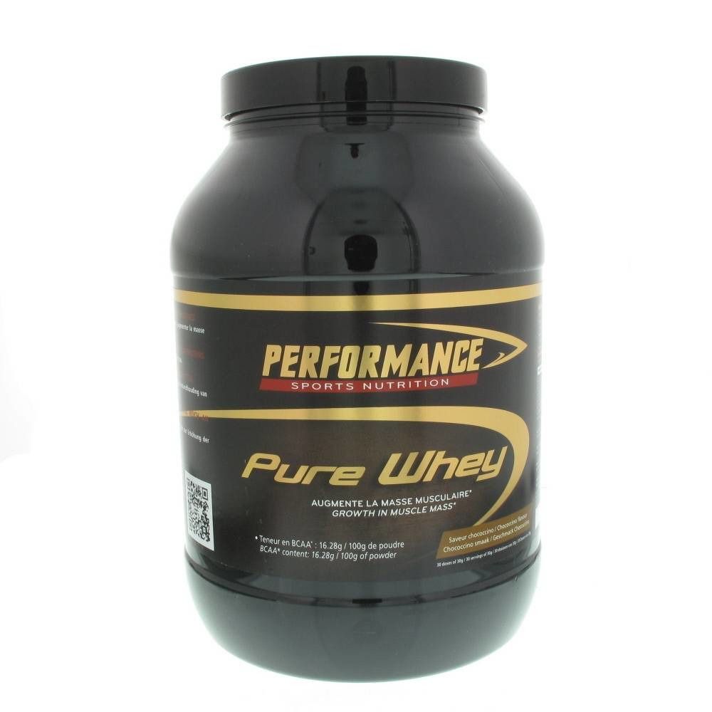 Schwarze Dose mit goldfarbenem Etikett. Aufschrift: PERFORMANCE SPORTS NUTRITION, Pure Whey. Text in Englisch und Französisch.