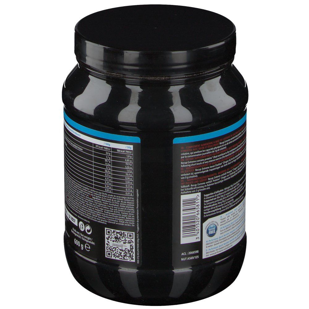 Pot noir, dos avec texte et code-barres. Texte: 600 g. Logo: Nutri-Avis. Code QR. Certifications.