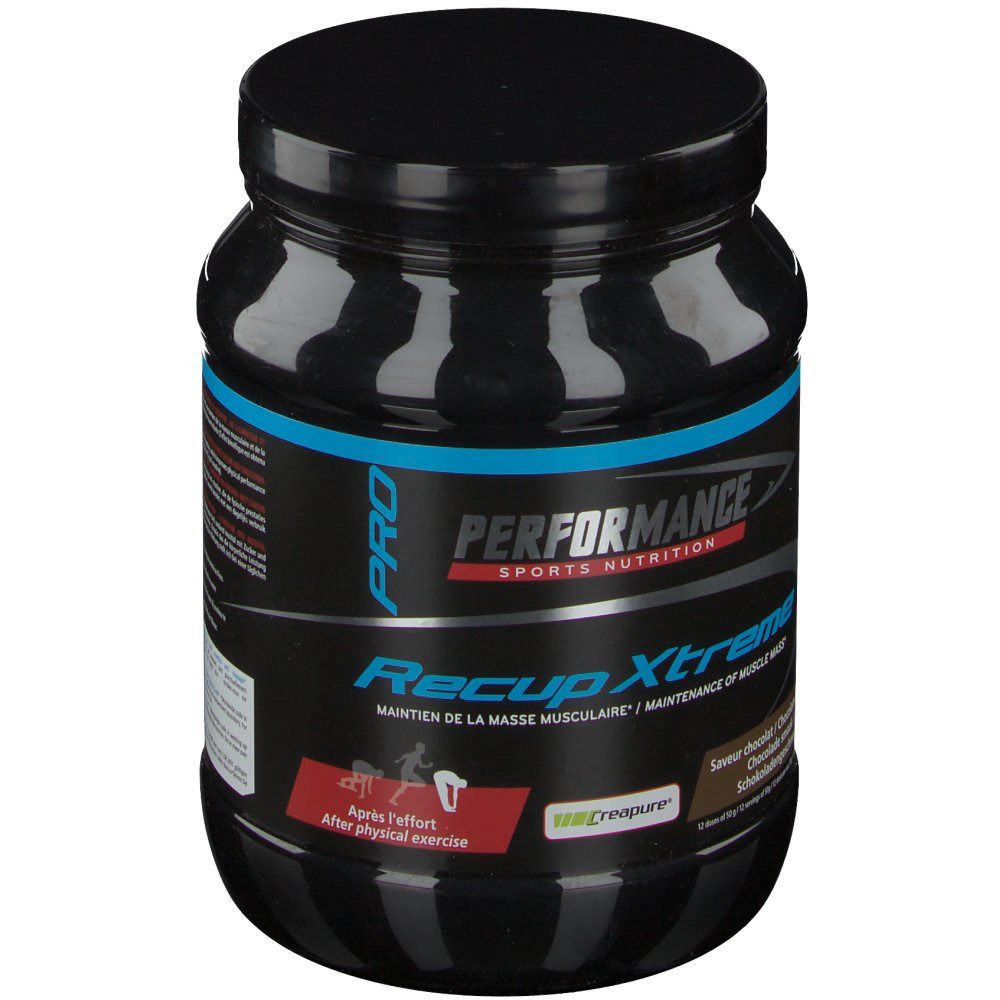 Pot noir avec texte bleu et blanc. Inscription: Performance Recup Xtreme, goût chocolat. Logo: Creapure.