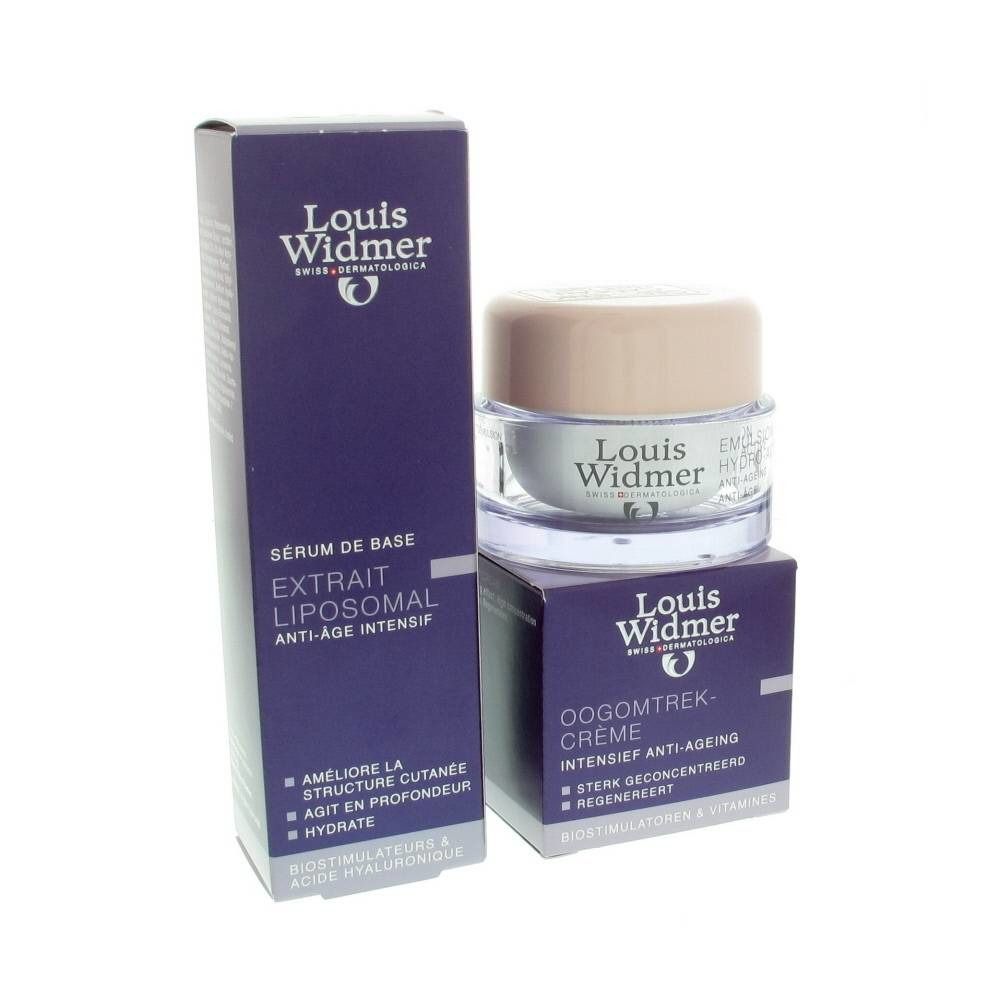 Drei Produkte von Louis Widmer. Ein Serum und eine Creme in lila Verpackungen, sowie ein Tiegel. Aufschrift: Extrakt Liposomal, Oogomtrek-Creme.