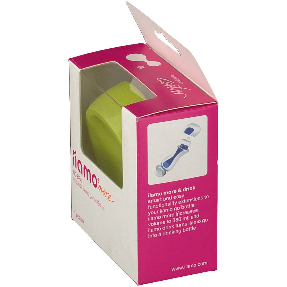 Verpackung mit grünem Flaschenboden Ersatzteil. iiamo more, NO BPA. Erweitert iiamo go. Illustration der Anwendung.