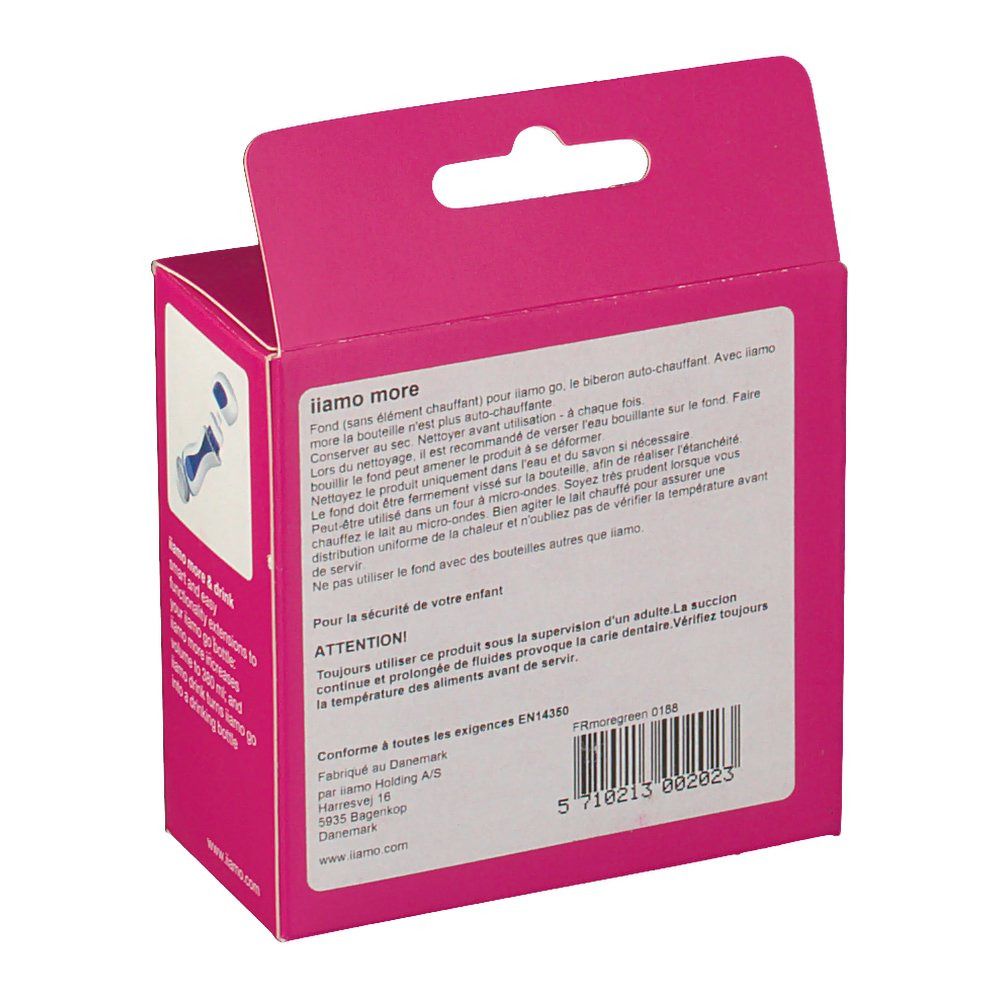 Rückseite der Verpackung. Text: iiamo more, für iiamo go. Warnhinweise. Herstellerinformationen. Barcode.
