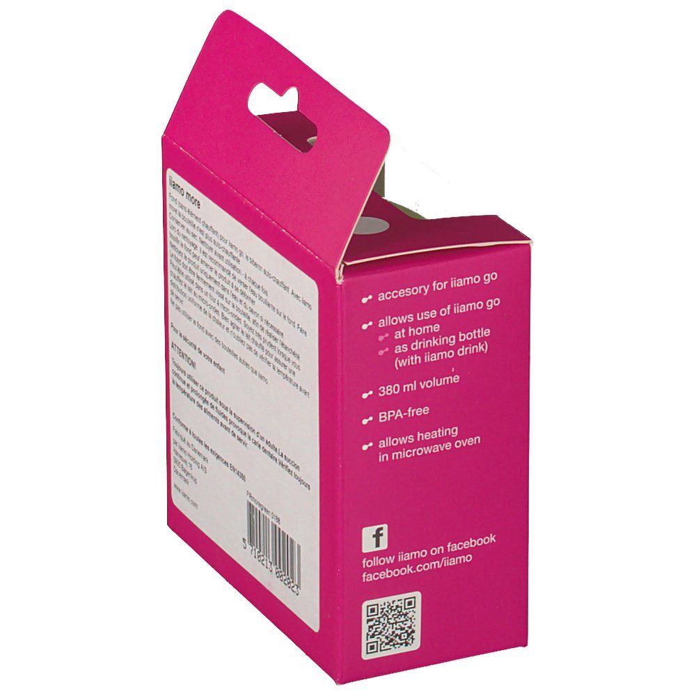 Verpackung, Seite mit Text: Zubehör für iiamo go, als Trinkflasche, 380 ml, BPA-frei, mikrowellengeeignet.