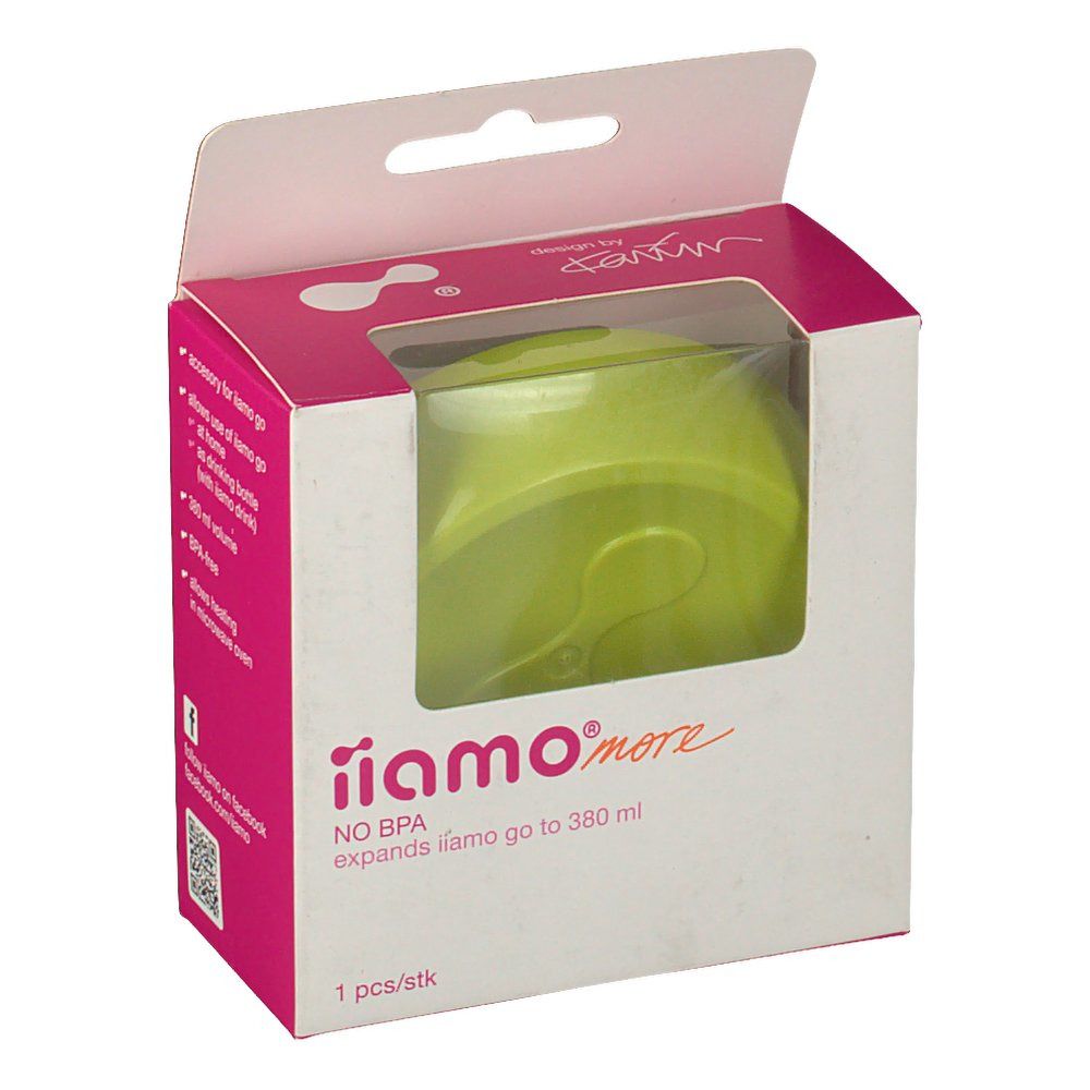 Verpackung mit grünem Flaschenboden Ersatzteil. iiamo more, NO BPA. Erweitert iiamo go auf 380 ml. 1 Stück.