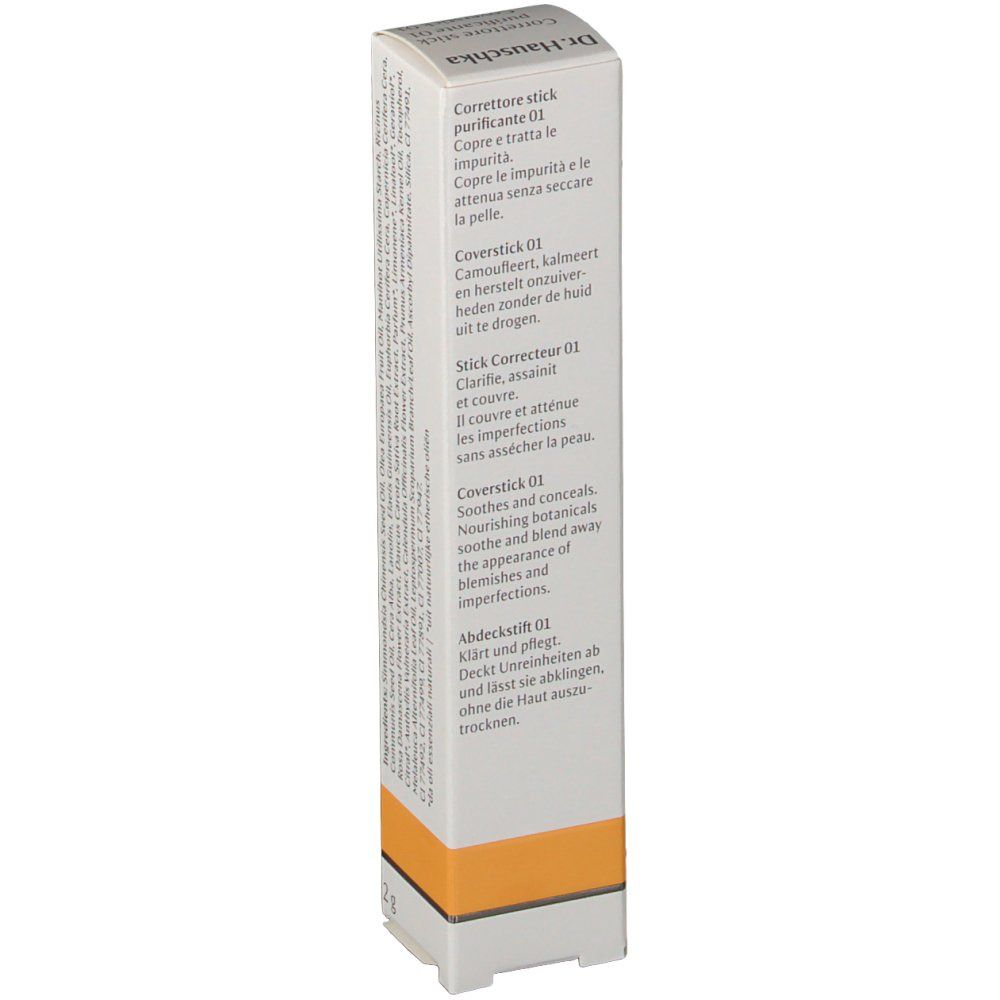 Emballage du produit avec texte multilingue. Nom du produit: Coverstick 01. Le texte décrit les propriétés du produit. Bande orange en bas.
