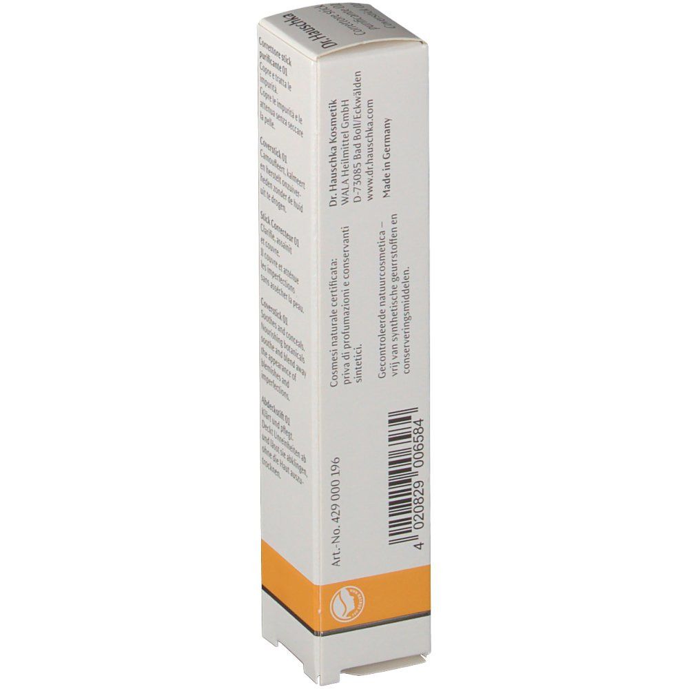 Emballage du produit avec logo et adresse du fabricant. Texte multilingue. Bande orange en bas. Nom du produit: Coverstick 01.