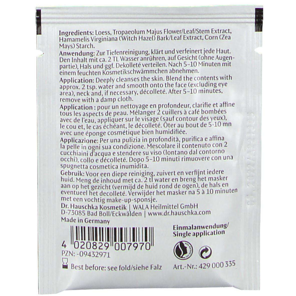 Einzelanwendungspackung. Weiße Verpackung mit Text. Enthält Informationen zu Inhaltsstoffen und Anwendung.