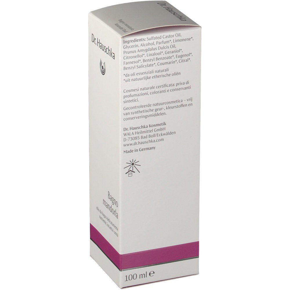 Emballage blanc avec ingrédients et logo. Texte en allemand. "100 ml e" sur le côté.