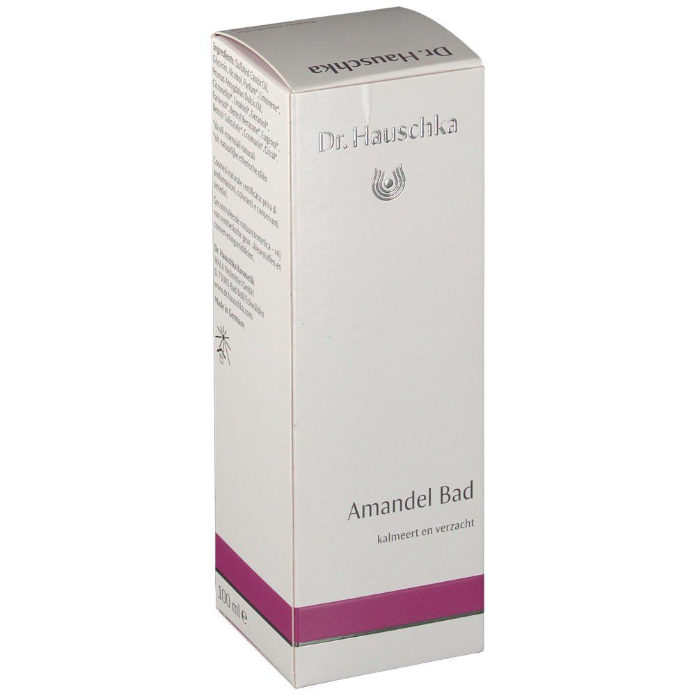 Emballage blanc avec nom du produit "Amandel Bad" et logo. Texte en néerlandais. "100 ml e" sur le côté.