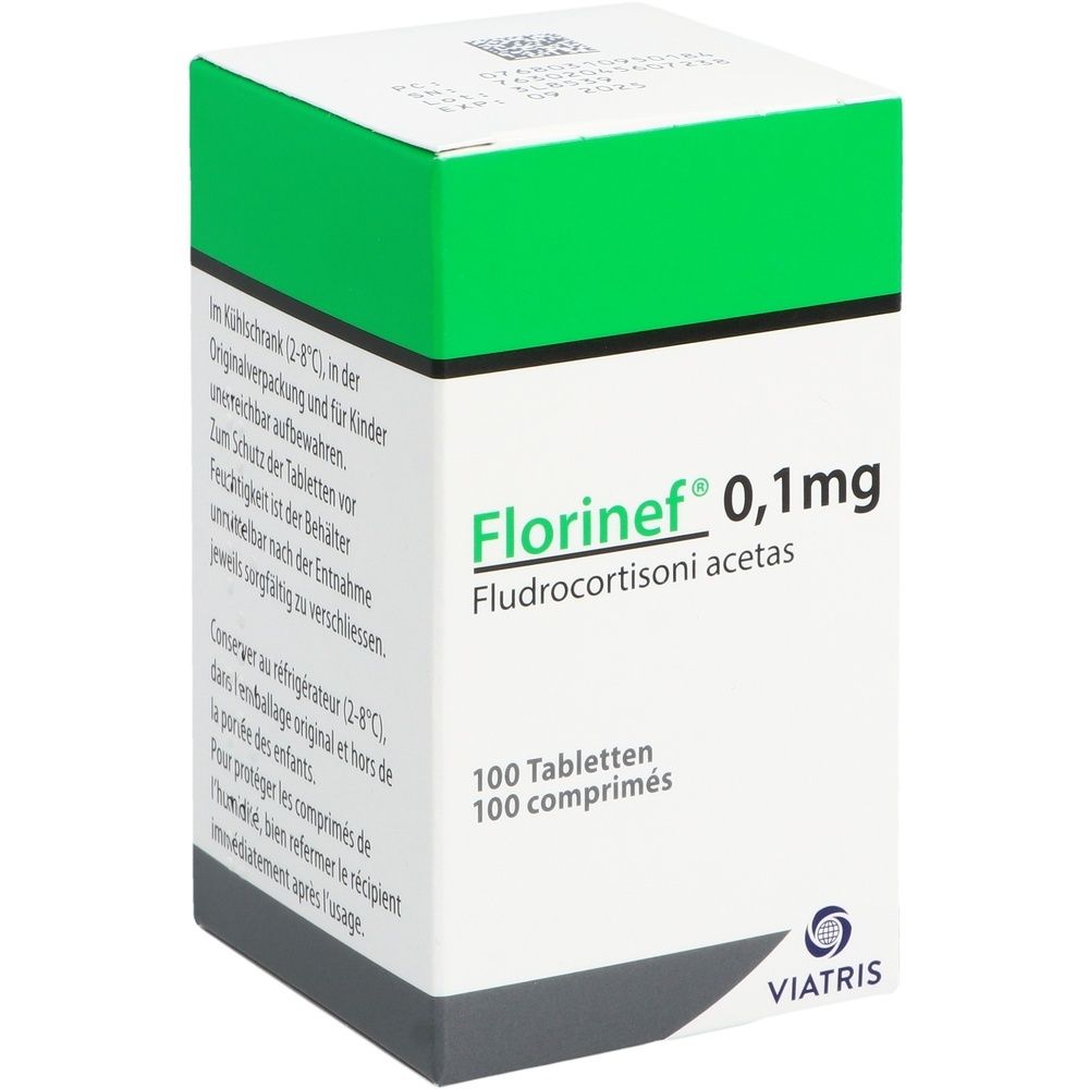 Kartonverpackung mit grünem Deckel. Aufschrift FLORINEF 0.1 mg. Graue und weiße Verpackung mit Text. Eckige Form.