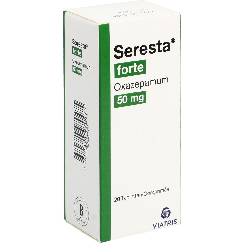 Kartonverpackung mit grünen und weißen Elementen. Aufschrift: SERESTA Tabl 50 mg forte 20 Stk.