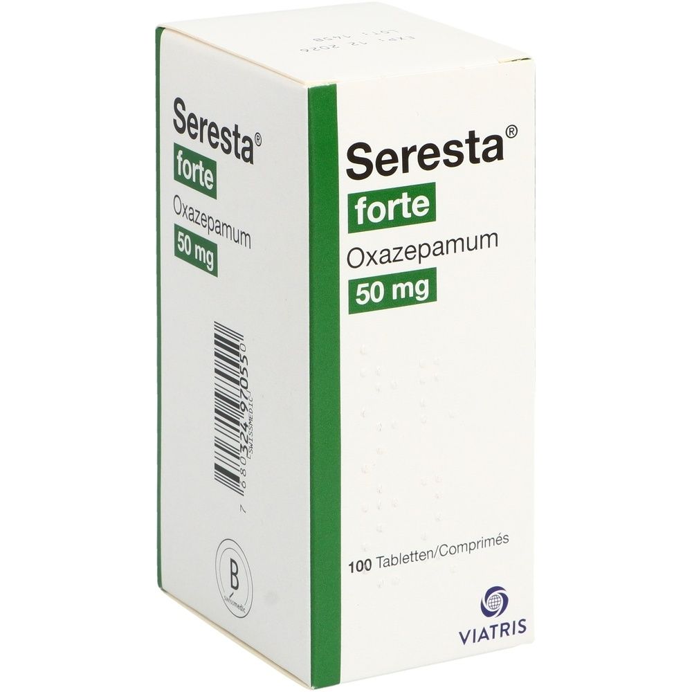 Kartonverpackung mit grünem und weißem Design. Text: SERESTA Tabl 50 mg forte. Seitlich Text und grüne Streifen. Perspektivische Ansicht.