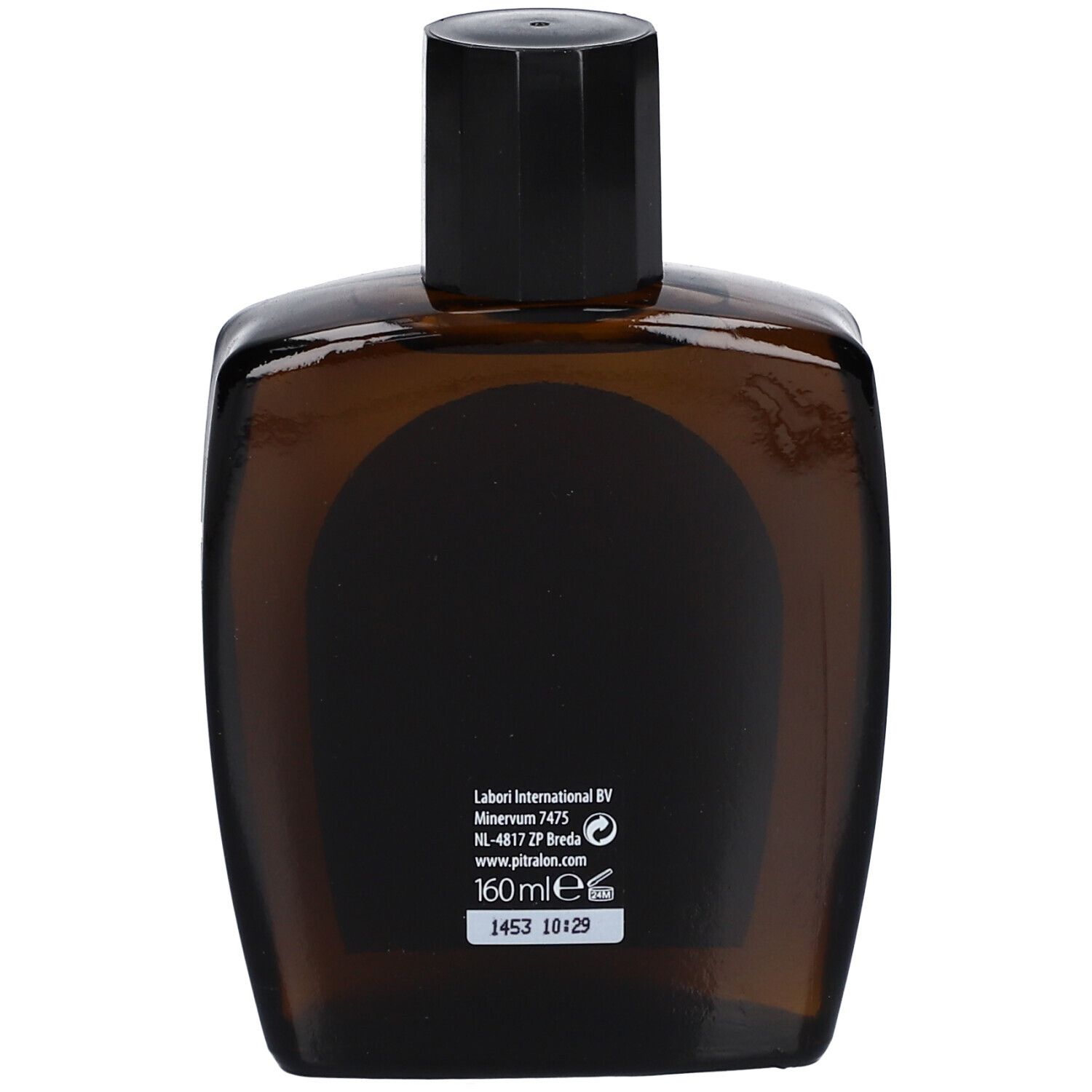 Braune Glasflasche mit schwarzem Verschluss. Rückseite mit Text und Logo. Unten 160ml.