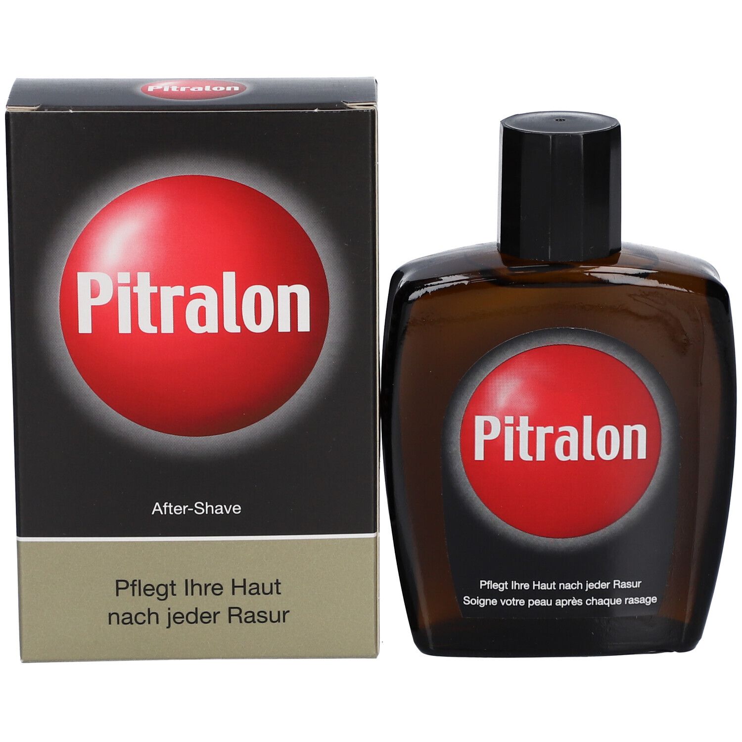 Braune Glasflasche und Schachtel. Beide mit rotem Kreis und Pitralon-Schriftzug. Text darunter.