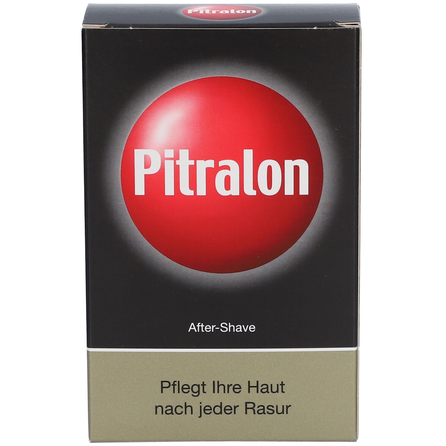 Schachtel mit rotem Kreis und Pitralon-Schriftzug. Darunter After-Shave und Text. Unterer Teil beige.