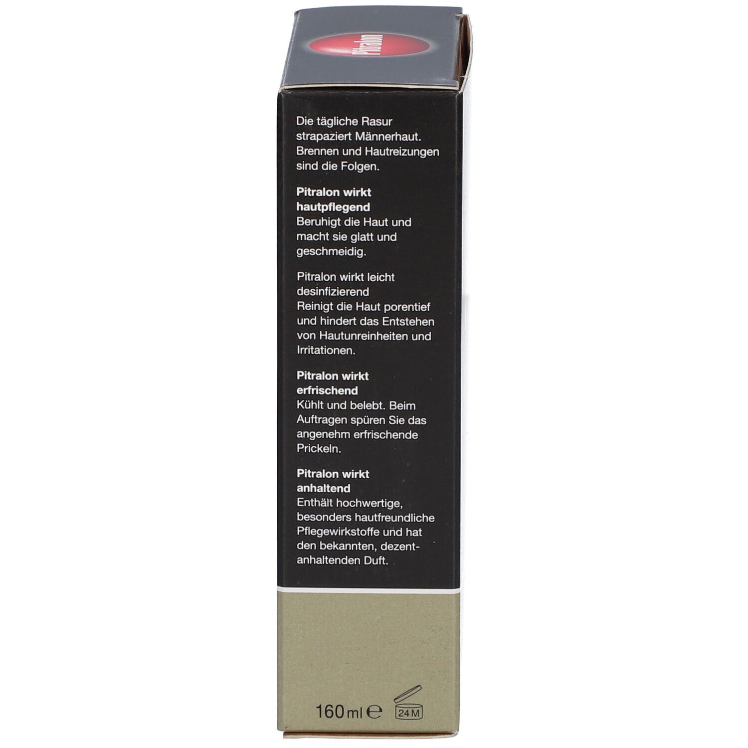 Schachtel, Seite mit Text. Oben roter Kreis mit Logo. Unten 160ml.