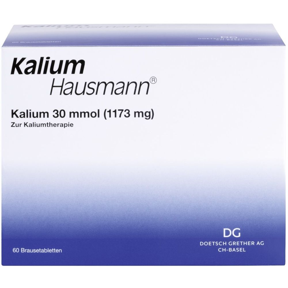 Karton mit Produktaufdruck. Schriftzug "Kalium Hausmann". Enthält 60 Brausetabletten. Angaben zu Inhaltsstoffen und Hersteller.