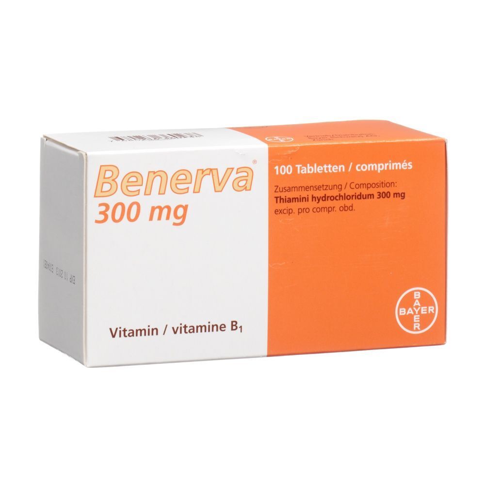 Verpackung von Benerva 300 mg. Weiß-orangefarbener Karton mit Produktnamen, Dosierung und Inhaltsangaben. Bayer-Logo.