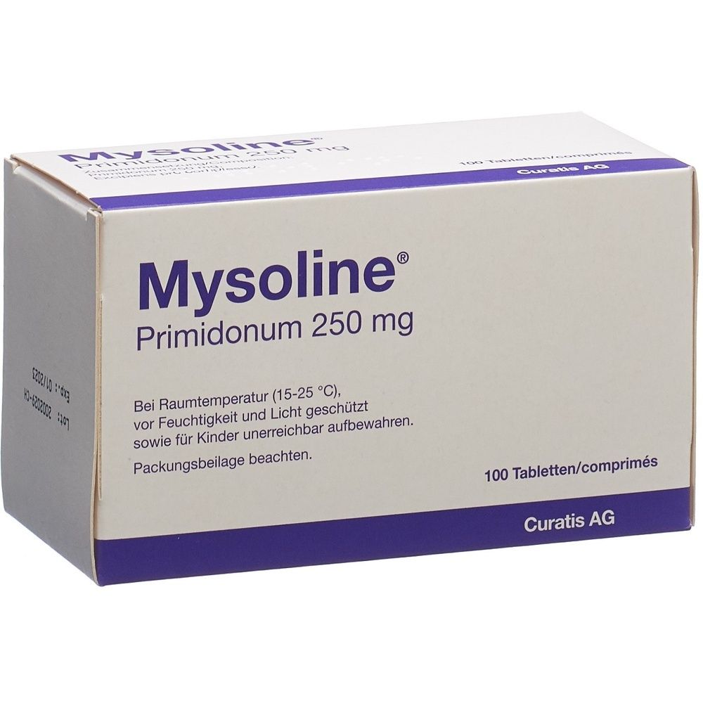 Schachtel mit Medikamenten. Aufschrift: MYSOLINE Tabl 250 mg. Weiße Schachtel mit blauer Schrift.