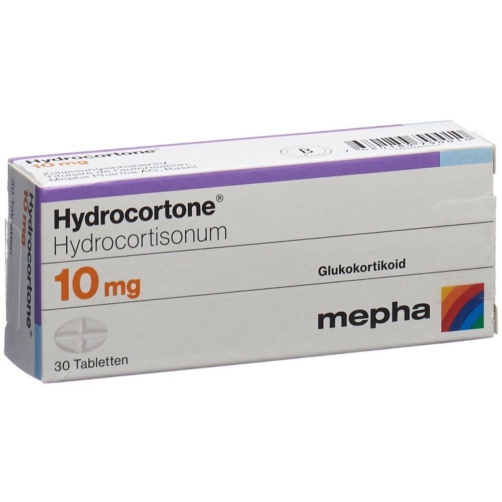 Schachtel mit Hydrocortone Tabletten. Aufschrift: 10 mg, 30 Tabletten, mepha. Farbiger Regenbogen.