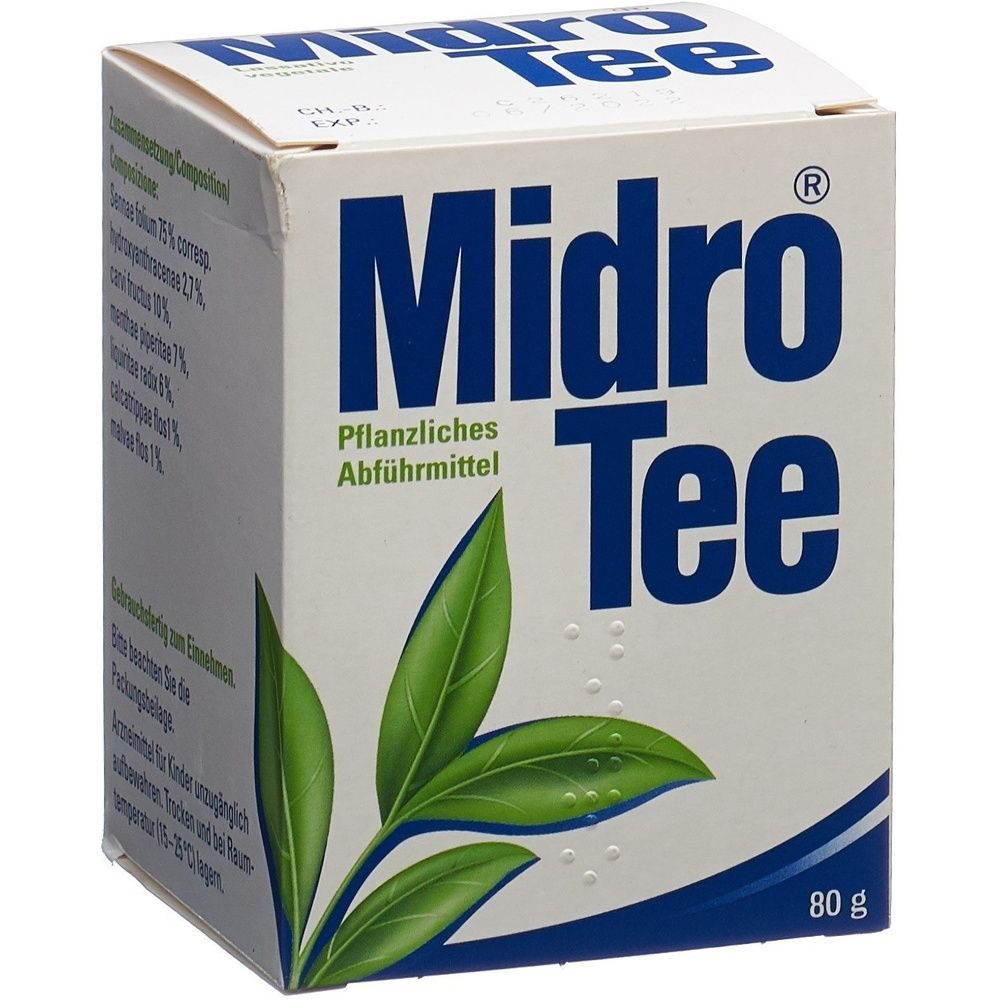 Boîte en carton avec l'inscription "Midro Tee". Des feuilles vertes et une bande bleue sont représentées. L'emballage est sur fond blanc.