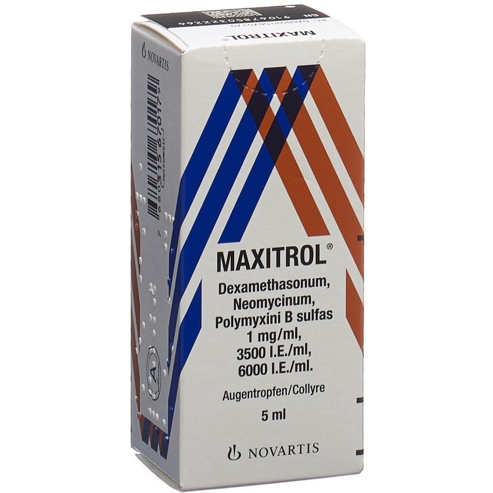 Kartonverpackung mit blauen und roten Streifen. Text: MAXITROL Gtt Opht Fl 5 ml.