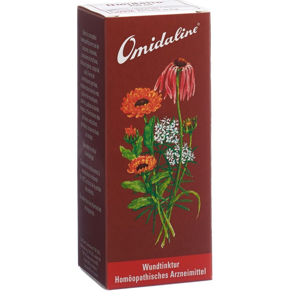 Braune Schachtel mit floralem Design und Schriftzug Omidaline. Text: Wundtinktur, Homöopathisches Arzneimittel.