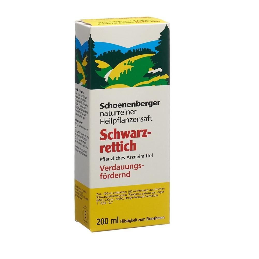 Kartonverpackung mit Produktbezeichnung "Schwarrettich". Marke Schoenberger. Gelb-weißes Design mit Landschaftsmotiv. 200 ml.