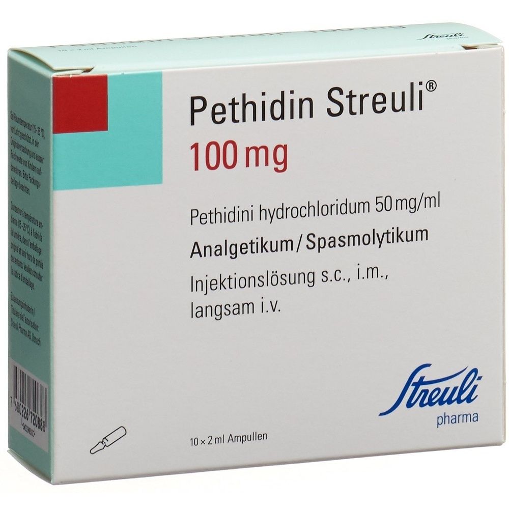 Karton mit Pethidin Streuli, 100 mg. Enthält Injektionslösung. Aufschrift: Analgetikum/Spasmolytikum. 10 Ampullen.