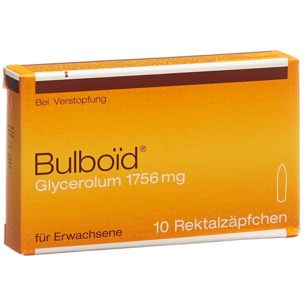 Orangefarbene Schachtel mit "Bulboid" und "Glycerolum 1756 mg" Aufdruck. Enthält 10 Zäpfchen. Für Erwachsene.