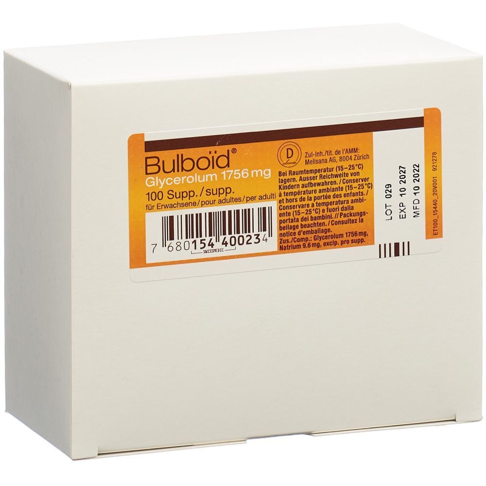 Weiße Produktverpackung mit orangefarbenem Etikett. Aufschrift: Bulboïd, Glycerolum 1756 mg, 100 Supp./supp. Mit Barcode und Verfallsdatum.