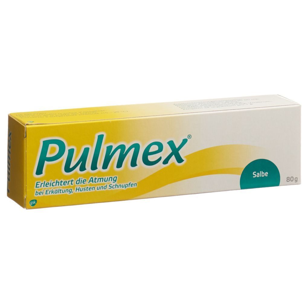 Boîte Pulmex, jaune et blanche. Inscription verte: Pulmex, Salbe, 80g. Texte: Facilite la respiration en cas de rhume, toux et nez.