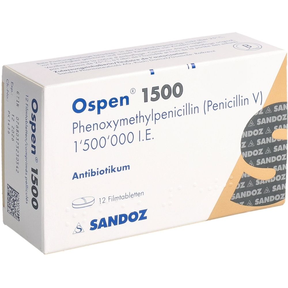 Boîte OSPEN 1500 Filmtabl. 1,5 Mio UI, 12 pièces. Blanc, gris et orange. Texte : OSPEN 1500, Pénicilline V, 1,5 Mio UI, 12 pièces. Logo du fabricant.