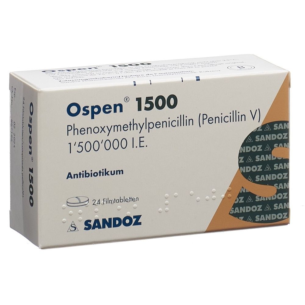 Karton mit Produktinformationen. Aufschrift: OSPEN 1500. Filmtabl. 1.5 Mio IE. 24 Stk. Verpackung mit weißer und orangefarbener Gestaltung.