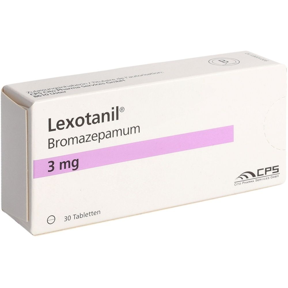 Weiße Schachtel mit lila Streifen. Aufschrift: Lexotanil, Bromazepamum, 3 mg. Enthält 30 Tabletten. CPS-Logo.