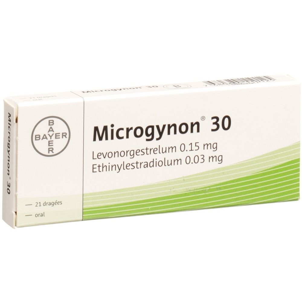 Weiße Schachtel mit Produktnamen Microgynon 30. Enthält 21 Dragees. Bayer-Logo. Aufschrift: Levonorgestrelum 0,15 mg, Ethinylestradiolum 0,03 mg.