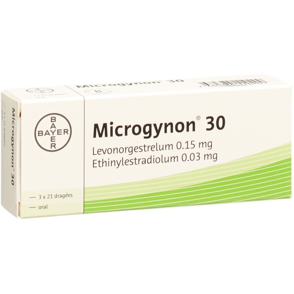 Verpackung von Microgynon 30. Enthält 3 x 21 Dragées. Bayer-Logo. Enthält Levonorgestrelum 0,15 mg und Ethinylestradiolum 0,03 mg.